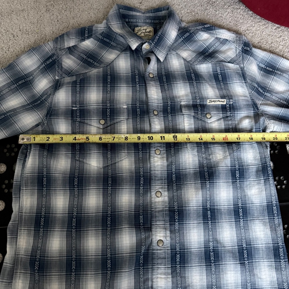 Lucky Brand Mens Blue Plaid Western Pearl Snap Shirt Embroidered Medium - Picture 8 of 9